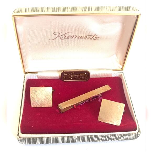 Vintage Estate Krementz Brushed 14k Gold Overlay Plated Tie Clasp Cufflinks Set - Picture 1 of 7